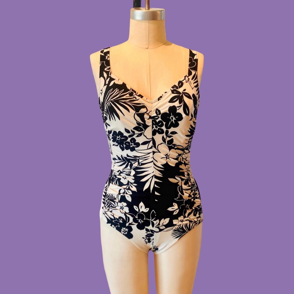Vintage Black and White Floral Ruched One Piece Swimsuit, Size‎ 8
